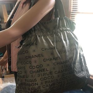 CHANEL silver Rue Cambon nylon drawstring bag tote purse AUTHENTIC